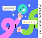 A cheerful illustration of customer feedback, the digital graphic incorporates speech bubbles and a thumbs up, highlighting positive experiences.