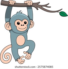 A cheerful illustration of a cute monkey hanging from a tree branch with a green leaf, showcasing a playful and energetic vibe