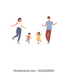 A cheerful illustration of a family parents and two children  engaged in playful, active movement.