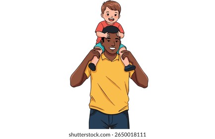 Cheerful illustration of father and son playing together, with happy expressions and vibrant colors.
