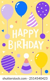 A cheerful illustration featuring colorful balloons, party hats, and confetti. Perfect for adding a festive touch to birthday cards, invitations, or social media posts.