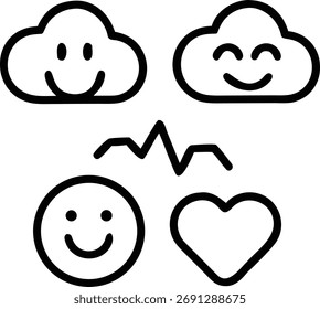 Una alegre ilustración con nubes felices, una cara sonriente y un corazón, todo conectado por una línea, que simboliza las emociones positivas y las conexiones entre los individuos.