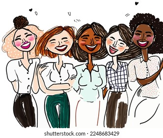 A cheerful illustration featuring a multi-ethnic group of young, laid-back urban women is the perfect image to represent friendship and diversity.