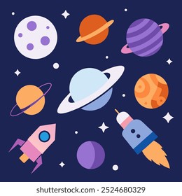 A cheerful illustration featuring planets, a rocket, and stars, perfect for adding a playful space theme to your designs. This fun and colorful graphic is ideal for children's products.