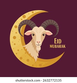 Ilustração alegre com a cabeça de um carneiro emergindo de uma lua crescente, com o texto "Eid Mubarak".