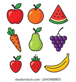 A cheerful illustration featuring a variety of fruits and one vegetable, rendered in a flat cartoon style. Bold outlines and bright solid colors are used throughout the design.