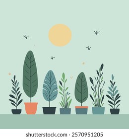 A cheerful illustration featuring a variety of potted plants arranged in a row. The background is a soft green with a bright sun and small birds, creating a serene and uplifting atmosphere.
