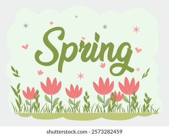 A cheerful illustration featuring the word "Spring" in elegant script, surrounded by blooming tulips, lush greenery, and whimsical hearts and snowflakes.
