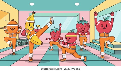 Cheerful illustration of fruit characters engaging in a retro aerobics class. A banana kicks high, apples and strawberries perform stretches, and an orange character cheers on the side, promoting a