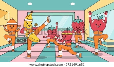 Cheerful illustration of fruit characters engaging in a retro aerobics class. A banana kicks high, apples and strawberries perform stretches, and an orange character cheers on the side, promoting a