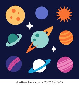 A cheerful illustration of a galaxy filled with planets, stars, and a bright sun, perfect for adding a touch of whimsy to your designs. This fun and playful graphic is ideal for kids' products.