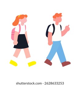 Uma ilustração alegre de uma menina e um menino, ambos usando uniformes escolares,