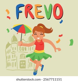 Cheerful illustration of a girl dancing Frevo with a colorful umbrella, confetti, and historic buildings. Celebrating Brazilian Carnival culture with vibrant energy and joy.