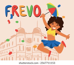 Cheerful illustration of a girl dancing Frevo with a colorful umbrella, confetti, and historic buildings. Celebrating Brazilian Carnival culture with vibrant energy and joy.