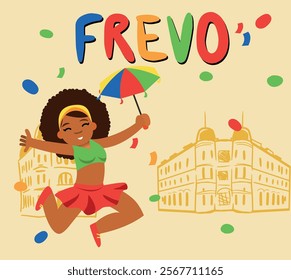 Cheerful illustration of a girl dancing Frevo with a colorful umbrella, confetti, and historic buildings. Celebrating Brazilian Carnival culture with vibrant energy and joy.