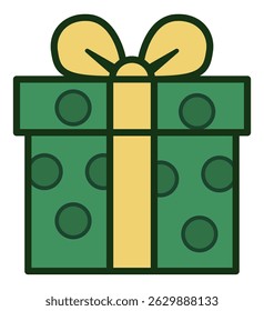 A cheerful illustration of a green gift box with a yellow ribbon and polka dots with minimal style