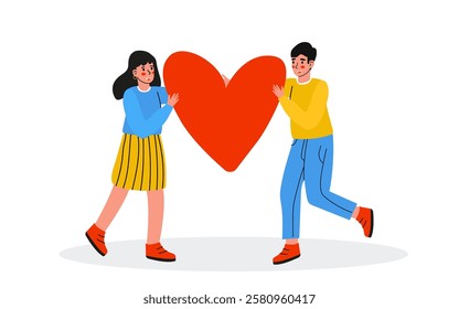 Cheerful Illustration of a Happy Couple Holding a Heart with Affection and Joyful Smiles. Couple in love, valentine's day.