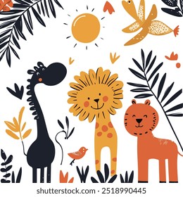 A cheerful illustration of jungle animals, including a giraffe, lion, and tiger, surrounded by tropical plants, birds, and a bright sun. 