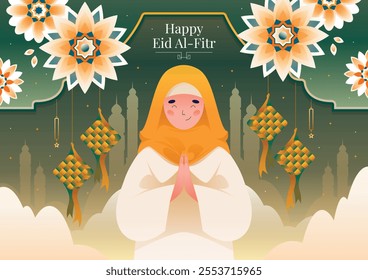 A cheerful illustration of a Muslim woman in a hijab, smiling and praying with hands together.