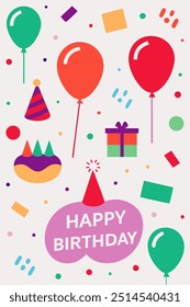 A cheerful illustration perfect for birthday cards, invitations, and social media posts. Featuring colorful balloons, confetti, and a festive cake.