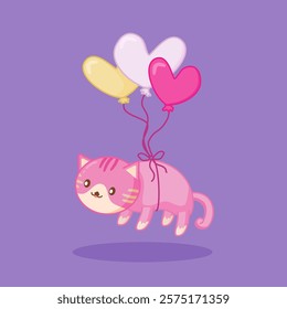 A cheerful illustration of a pink cat floating with heart-shaped balloons. This adorable design is perfect for children's books, greeting cards, and party decorations.