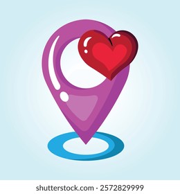 A cheerful illustration of a pink location pin with a red heart on it. It represents finding love or a special place.
