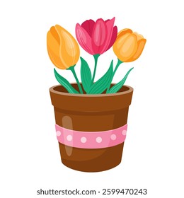 A cheerful illustration of a potted tulip bouquet with tulips, perfect for spring-themed designs, greeting cards, or floral illustrations. Vector illustration