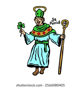 A cheerful illustration of Saint Patrick in bright colors with traditional Irish symbols.