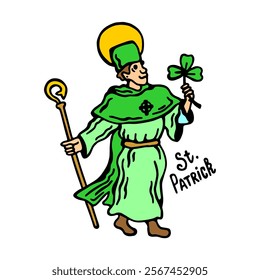 A cheerful illustration of Saint Patrick in bright colors with traditional Irish symbols.