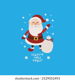 Cheerful illustration of Santa Claus waving with a large sack of gifts, surrounded by stars on a bright blue background. The text "Happy New Year!" adds a festive touch, celebrating the holiday season