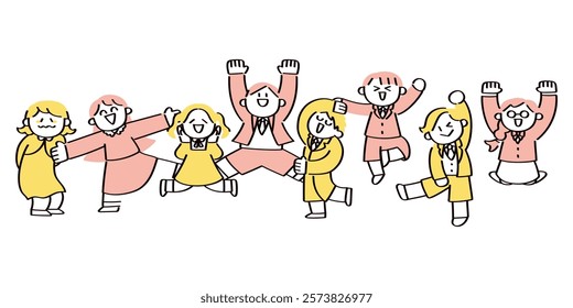 A cheerful illustration set of children celebrating with joyful expressions and energetic poses.