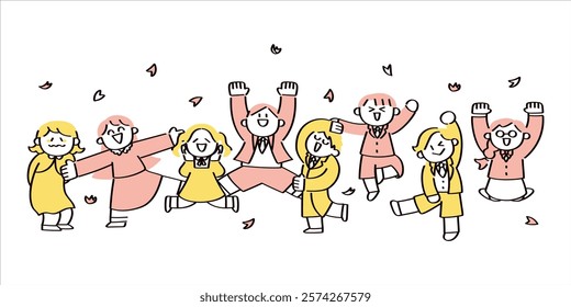 A cheerful illustration set of children with cherry blossoms, celebrating joyful moments together.