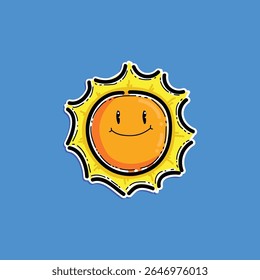 A cheerful illustration of a smiling sun with a bright orange face, radiating yellow beams, set against a vibrant blue background.