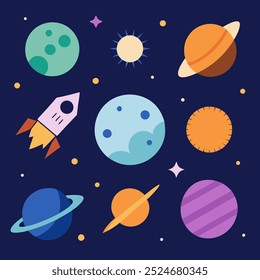 Uma ilustração alegre de uma cena espacial com planetas, estrelas, uma lua e um foguete, perfeito para adicionar um toque de diversão e maravilha aos seus projetos.