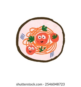 A cheerful illustration of spaghetti with cheerful tomato faces, decorated with greenery. A funny drawing of pasta on a plate that would be suitable for a children's book or as an element of vintage