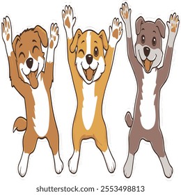 A cheerful illustration of three anthropomorphic dogs standing upright, with friendly smiles and expressive eyes. Each dog has human-like arms raised in a joyful gesture, conveying excitement 