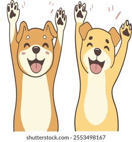 A cheerful illustration of two anthropomorphic dogs standing upright, with friendly smiles and expressive eyes. Each dog has human-like arms raised in a joyful gesture, conveying excitement and happin