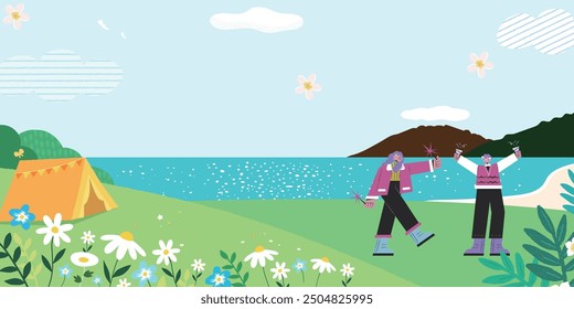 A cheerful illustration of two friends celebrating near a scenic coastline.