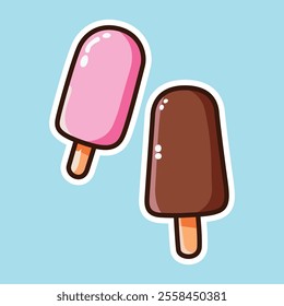 A cheerful illustration of two ice cream popsicles, one pink and one brown. Ideal for summer-themed designs and playful food illustrations.