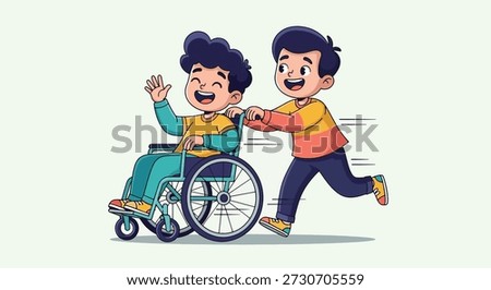 A cheerful illustration of two young boys, one of whom is in a wheelchair, sharing a moment of joy and friendship.