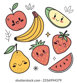 A cheerful illustration of various smiling fruits.