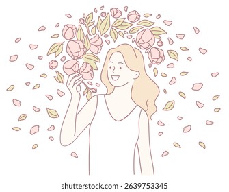 A cheerful illustration of a woman among beautiful flowers, capturing the essence of beauty and nature