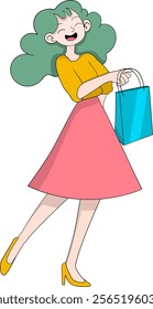 A cheerful illustration of a woman in colorful clothing holding a shopping bag, expressing excitement and joy