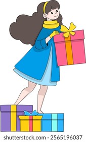 A cheerful illustration of a woman dressed in a winter outfit holding a colorful gift box, surrounded by presents, in a vibrant and festive style.