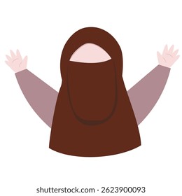 Cheerful illustration of a woman wearing a hijab, arms outstretched in joyful welcome.