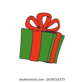 Cheerful illustration of a wrapped present in green with a bright red ribbon, perfect for holiday or celebration themes.