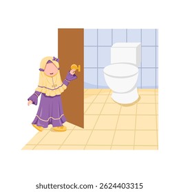 A cheerful illustration of a young girl in traditional clothing entering a clean, minimalist bathroom.