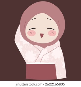 Ilustração alegre de uma jovem mulher em um quimono floral e hijab, exibindo alegria e serenidade.