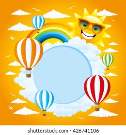 Cheerful illustration for your text with balloons, clouds, rainbow and sun.