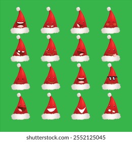 A cheerful image of a red Santa hat adorned with playful, happy smiley faces on a vibrant green background. Perfect for festive designs, holiday promotions, joyful touch to your projects